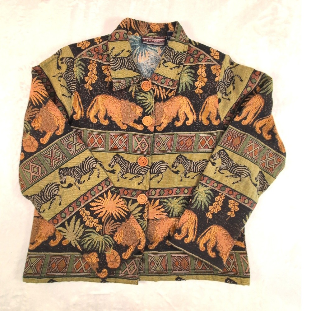 New Identity Vintage Tapestry Jacket Safari Lion Zebra Green Cotton Blend M